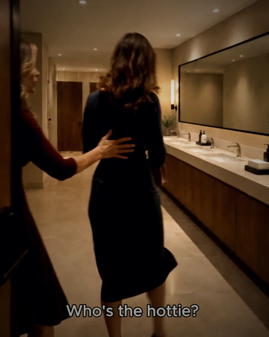 One friend greets the other with a hand on her back in a restaurant restroom