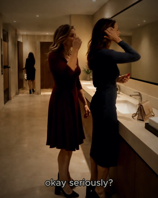 A stranger leaves in the background as the friends lean in